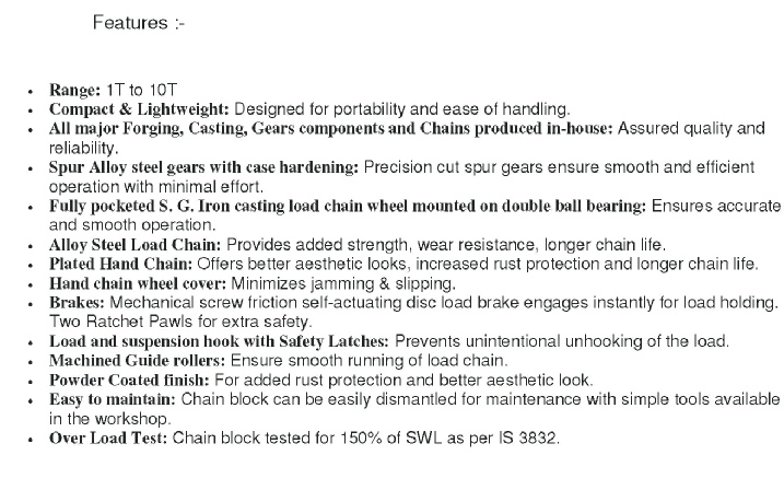 Chain Pulley Block Technical details Chennai